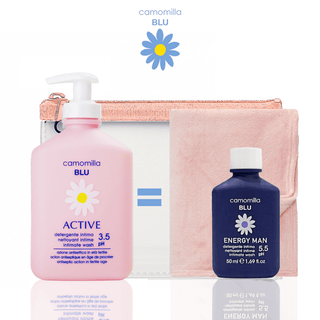 Camomilla Blu Active Nettoyant Intime ph 3.5 300ml = Trousse + Serviette= + Energy man 5,5 50 ML OFFERTS
