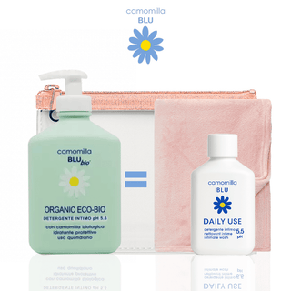 Camomilla Blu Organic Eco-bio Nettoyant Intime pH5.5 300ml = Trousse + Serviette + Daily use 5,5 50 ML OFFERTS