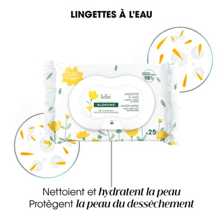 Klorane Bébé Lingettes Nettoyantes à l'Eau x60, paquet de 60 lingettes douces pour nettoyer le visage, les mains et le siège de bébé, BeautyMarket parapharmacie Maroc