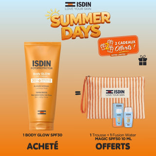 ISDIN FOTOPROTECTOR BODY GLOW SPF30 200ML = TROUSSE + FUSION MAGIC SPF50 10 ML OFFERTS