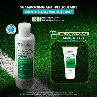 Vichy Dercos Shampooing traitant Antipelliculaire Cheveux Normaux à Gras 200ml = Format Voyage 50 Ml Offert