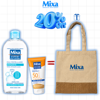 MIXA Eau Micellaire Apaisante Peaux Sensibles & Réactives 400ml + Dermo Protect SPF50+ 50ml = Tote Bag Offert