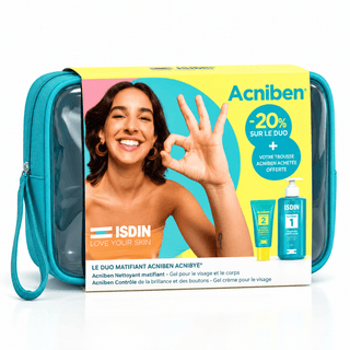 ISDIN Acniben Pack Duo Matifiant Gel Nettoyant 400 ml Contrôle Brillance 40 ml Trousse Offerte BeautyMarket Maroc