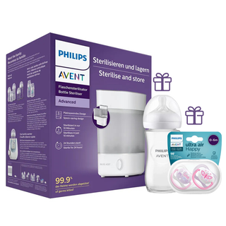 AVENT Stériliser et Conserver Advanced = Biberon Natural Glass 240ml + Sucette Ultra Soft 0-6 Mois Offerts