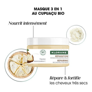 Klorane Cupuaçu Réparation Masque Reconstructeur 250 ml, masque capillaire nourrissant au beurre de Cupuaçu pour cheveux très secs et abîmés, BeautyMarket parapharmacie Maroc.