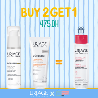 Uriage Dépiderm Soin de Jour SPF50 Anti-Taches 30ml + Dépiderm Mousse Nettoyante Éclat 100ml = Eau Micellaire Thermale à l'Extrait d'Abricot 250ml Offerte