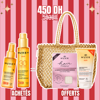 Nuxe Sun Huile Solaire Bronzante SPF30 150ml + Nuxe Sun Huile Lactée Capillaire Protectrice Hydratante 100ml = Lait Fraîcheur Après-Soleil 100ml  + Sac+ Serviette Sèche Offerts Offerts