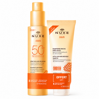 Nuxe sun Duo Spray Solaire Délicieux Haute Protection SPF50 100ml = Shampooing Douche après-soleil 100ml offert