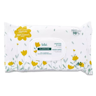 Klorane Bébé Lingettes Nettoyantes à l'Eau x60, paquet de 60 lingettes douces pour nettoyer le visage, les mains et le siège de bébé, BeautyMarket parapharmacie Maroc