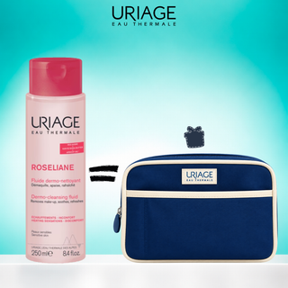 Uriage Roséliane Fluide Dermo-Nettoyant 250 ml avec trousse offerte, nettoyant démaquillant apaisant pour peaux sensibles, BeautyMarket parapharmacie Maroc