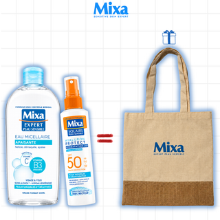 MIXA Eau Micellaire Apaisante Peau Sensible et Réactive 400ml +  Hyaluron Protect Peaux Sensibles SPF50+ Spray 150ml = Tote Bag Offert