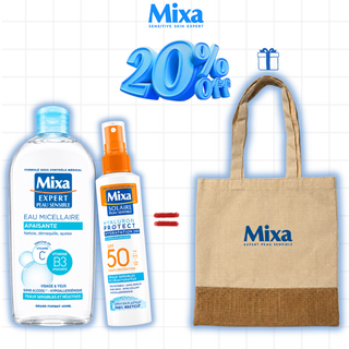 MIXA Eau Micellaire Apaisante Peau Sensible et Réactive 400ml +  Hyaluron Protect Peaux Sensibles SPF50+ Spray 150ml = Tote Bag Offert