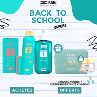 Pack ISDIN Acniben On The Go 30 lingette + Gel Nettoyant 400 ml + Spray Corps 150 ml = Crème Hydratante et Trousse Offertes