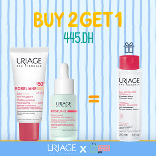 Uriage Roséliane – Sérum Lissant Correcteur Anti-Rougeurs 30 ML+URIAGE ROSÉLIANE CC CREAM SPF50 TEINTE CLAIRE=Uriage Eau Micellaire Thermale à l'extrait d'Abricot 250ml