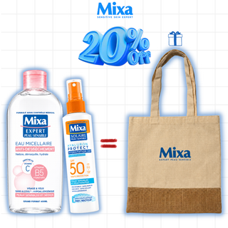 MIXA Eau Micellaire Anti-Dessèchement Physiologique 400ml +Hyaluron Protect Peaux Sensibles SPF50+ Spray 150ml = Tote Bag Offert