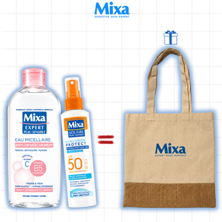 MIXA Eau Micellaire Anti-Dessèchement Physiologique 400ml +Hyaluron Protect Peaux Sensibles SPF50+ Spray 150ml = Tote Bag Offert