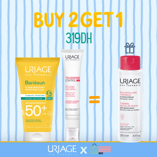 Uriage Bariésun Fluide Matifiant SPF50+ 50ml + Toléderm Control Soin Apaisant Riche 40ml = Eau Micellaire Thermale à l'Extrait d'Abricot 250ml Offerte