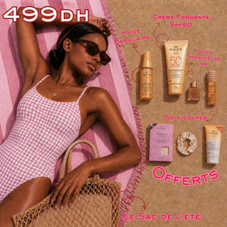 NUXE Sun Huile Lactée Capillaire 100ml + Rêve de Miel Soin Lèvres au Miel 10ml + Huile Prodigieuse Or 10ml + Crème fondante SPF50 50ml = Sac + 3 Cadeaux Offerts
