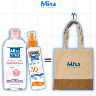 MIXA Eau Micellaire Anti-Dessèchement Physiologique 400ml + Dermo Protect Peaux Sensibles SPF30 Spray 150ml = Tote Bag Offert
