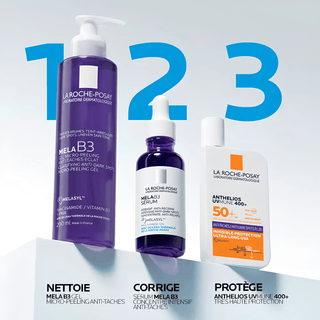La roche-posay routine anti-taches mela b3 gel micro-peeling 200ml + sérum concentré mela b3 50ml = mini mela b3 10ml + hyalu b5 10ml + trousse offerts