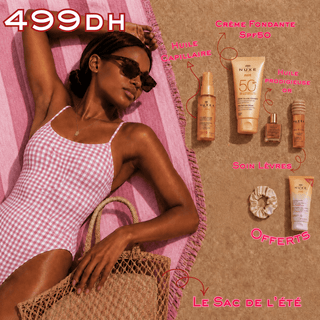 NUXE Sun Huile Lactée Capillaire 100ml + Rêve de Miel Soin Lèvres au Miel 10ml + Huile Prodigieuse Or 10ml + Crème fondante SPF50 50ml = Sac + 2 Cadeaux Offerts