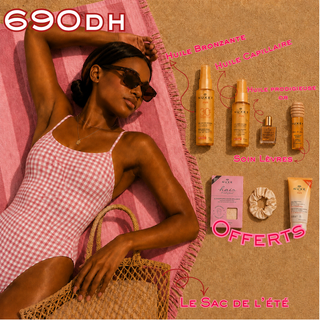 NUXE Sun Huile Lactée Capillaire Protectrice Hydratante 100ml +  Rêve de Miel Soin Lèvres au Miel 10ml + Huile Prodigieuse Or 10ml + Huile Solaire Bronzante SPF30 150ml =Sac + 3 Cadeaux Offerts