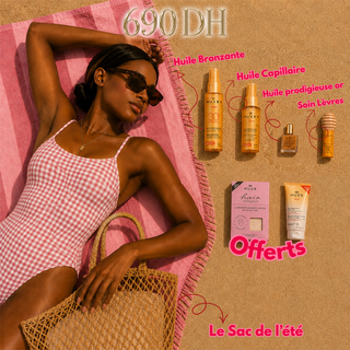 NUXE Sun Huile Lactée Capillaire Protectrice Hydratante 100ml +  Rêve de Miel Soin Lèvres au Miel 10ml + Huile Prodigieuse Or 10ml + Huile Solaire Bronzante SPF30 150ml =Sac + 3 Cadeaux Offerts