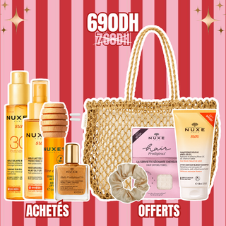 NUXE Sun Huile Lactée Capillaire Protectrice Hydratante 100ml +  Rêve de Miel Soin Lèvres au Miel 10ml + Huile Prodigieuse Or 10ml + Huile Solaire Bronzante SPF30 150ml =Sac + 3 Cadeaux Offerts