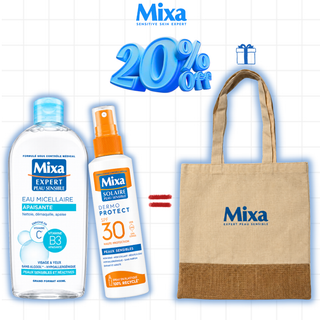 MIXA Eau Micellaire Apaisante Peaux Sensibles & Réactives 400ml + Dermo Protect Peaux Sensibles SPF30 Spray 150ml = Tote Bag Offert