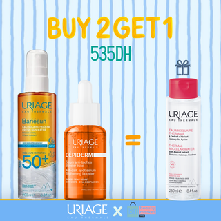 Uriage Dépiderm Sérum Anti-Taches Booster Éclat 30ml + Bariésun Sun Water Eau Solaire Fraîche SPF50+ 200ml = Eau Micellaire Thermale à l'Extrait d'Abricot 250ml Offerte