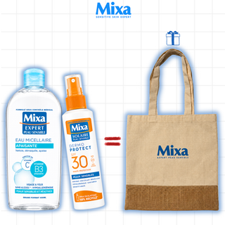 MIXA Eau Micellaire Apaisante Peaux Sensibles & Réactives 400ml + Dermo Protect Peaux Sensibles SPF30 Spray 150ml = Tote Bag Offert