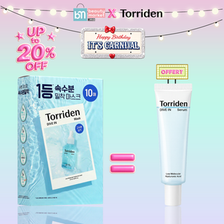 Torriden DIVE-IN Low Molecular Hyaluronic Acid Mask Pack (10 Masques) = Serum 20ml Offert