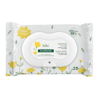 Klorane Bébé Lingettes Nettoyantes à l'Eau x25, paquet de 25 lingettes douces pour nettoyer le visage, les mains et le siège de bébé, BeautyMarket parapharmacie Maroc