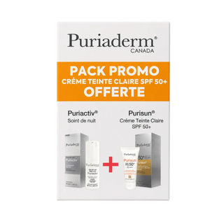 PURIADERM PACK PURIACTIV SOIN DE NUIT 30ML = PURISUN ECRAN TEINTE CLAIRE SPF 50 OFFERTE