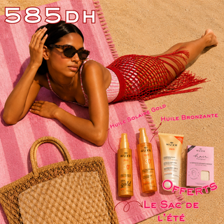 Nuxe Sun Huile Solaire Gold Haute Protection SPF30 + Huile Solaire Bronzante SPF30 150ml = Lait Fraîcheur Après-Soleil 100ml + Sac +serviette sechante Offerts