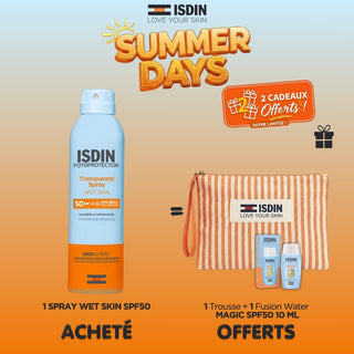 Isdin Fotoprotector Spray Transparent Adulte Spf50 250ml = Trousse + Fusion Water Magic Spf50 10ml Offerts