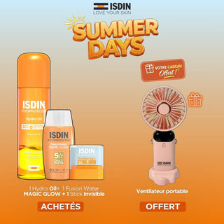 ISDIN HYDRO OIL SPF 30 + FUSION WATER MAGİC GLOW + STICK INVISIBLE = VENTILATEUR PORTABLE OFFERT