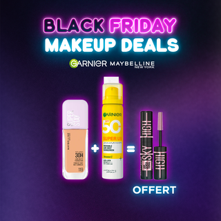 Maybelline SUPERSTAY LUMI MATTE FOND DE TEINT + garnier super uv Spray = mini mascara offerte