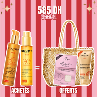 Nuxe Sun Huile Solaire Gold Haute Protection SPF30 + Huile Solaire Bronzante SPF30 150ml = Lait Fraîcheur Après-Soleil 100ml + Sac +serviette sechante Offerts
