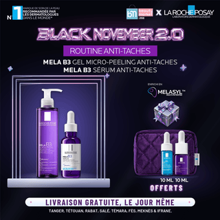 La roche-posay routine anti-taches mela b3 gel micro-peeling 200ml + sérum concentré mela b3 50ml = mini mela b3 10ml + hyalu b5 10ml + trousse offerts