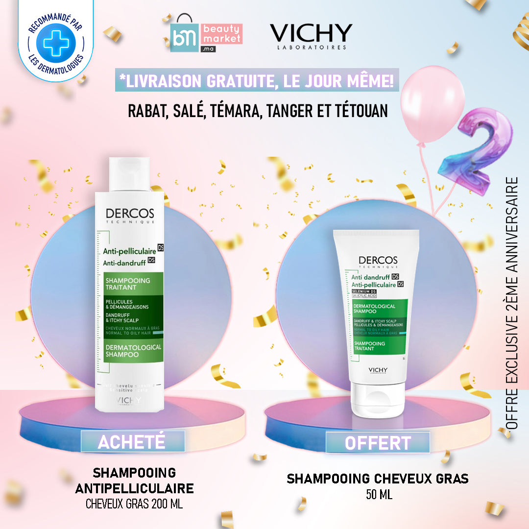 Vichy Dercos Shampooing traitant Antipelliculaire – Cheveux Normaux à Gras – 200 ml =  Shampooing 50ml OFFERT