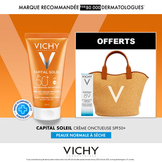 VICHY CAPITAL SOLEIL CREME ONCTUEUSE PEAU NORMALE A SECEHE SPF 50+ 50ML = Mineral 89 10ML + Sac offerts