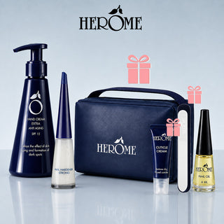 Herôme Pack Crème Mains Anti-Âge 120 Ml + Durcisseur Fort 10 Ml = Trousse + 3 Cadeaux Offerts