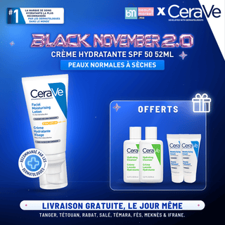 CERAVE CRÈME HYDRATANTE VISAGE SPF 50 PEAUX NORMALES À SÈCHES 52ML = *2 CREME LAVANT 20 + *2 BAUME HYDRATANT 5ML OFFERTS