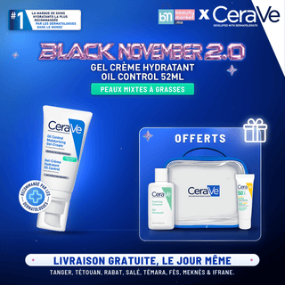 Cerave gel creme hydratant oil control peaux mixtes a grasses 52 ml = gel moussant 20ml + trousse + invisible toucher sec spf50+ 5ml offerts