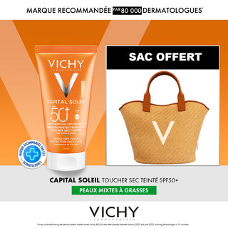 VICHY CAPITAL SOLEIL ÉMULSION TOUCHER SEC SPF50 MIXTE À GRAS TEINTÉE = SAC OFFERT