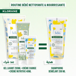 Klorane pack bébé gel lavant 200 ml + crème change 100ml + crème nutritive 40ml = shampooing démêlant 200 ml offert