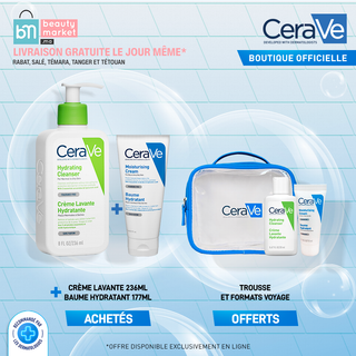 Cerave  Creme Lavante 236ml + baume 177ml = Trousse + Creme Lavante 20ml + baume 15ml OFFERT