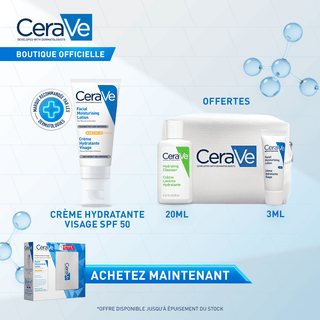 CeraVe Crème Hydratante Visage SPF 50 Peaux Normales À Sèches 52ml = creme hydratant + Lotion +trousse offerts