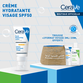CeraVe Crème Hydratante Visage SPF 50 Peaux Normales À Sèches 52ml = Crème lavante + Crème spf50+ Trousse OFFERTS